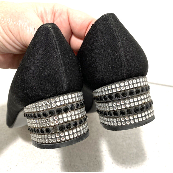 Stuart Weitzman dressy black satin pumps shoe rhinestone cover block heels 7.5 B - Picture 2 of 10